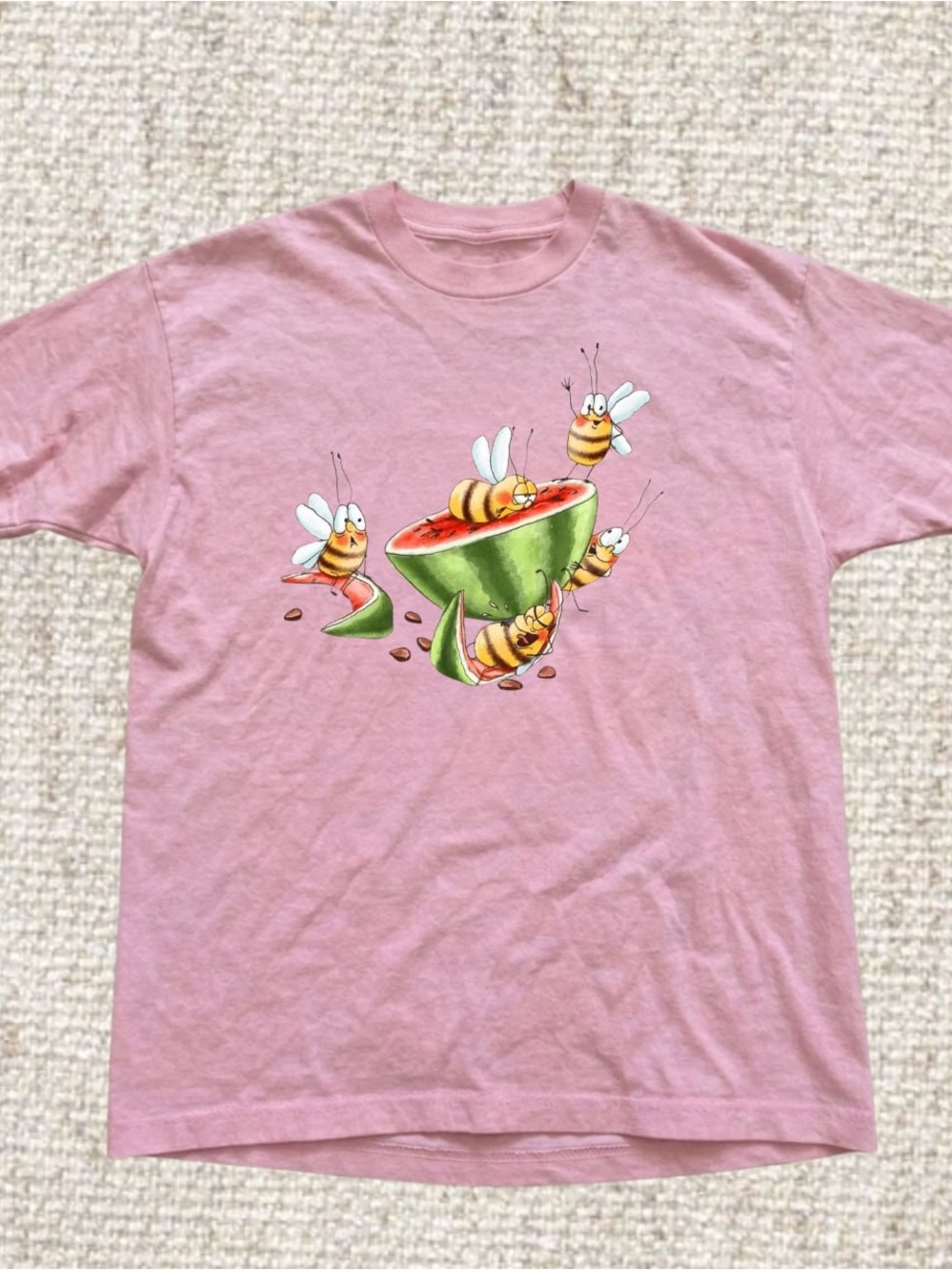 Gildan Pink Graphic Tee with Bee & Watermelon Design